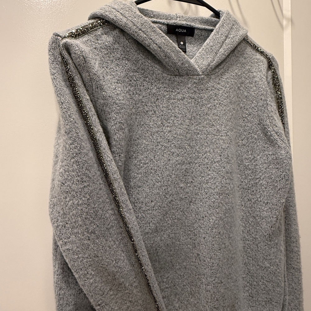 NWOT Aqua hoodie sweater with rhinestone sequin sleeve detail - Picture 2 of 4